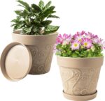 Durable Planters With Faux-Terracotta Embossed Texture, Trays, And Drainage Holes