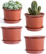 Plastic Planters With Faux-Ceramic Finish, Trays, And Drainage Holes
