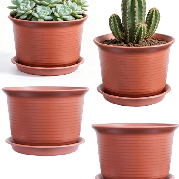 Plastic Planters With Faux-Ceramic Finish, Trays, And Drainage Holes