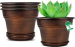Decorative Resin Planters With Copper Finish, Trays, And Drainage Holes