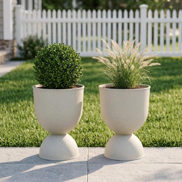 Set Of Tall Decorative Plastic Urn-Style Planters With Drainage Holes And Plugs