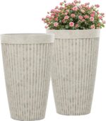 Set Of Tall Resin Planters With Vintage Ivory Finish And Ribbed Texture - Image 2
