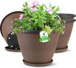 Large Outdoor Planters With Woven-Look Texture, Trays, And Drainage Holes