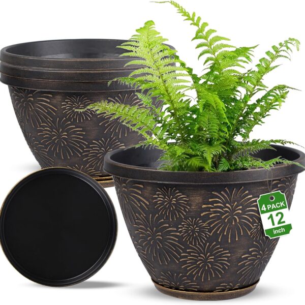 Large Vintage-Style Gold Embossed Planters With Trays And Drainage Holes